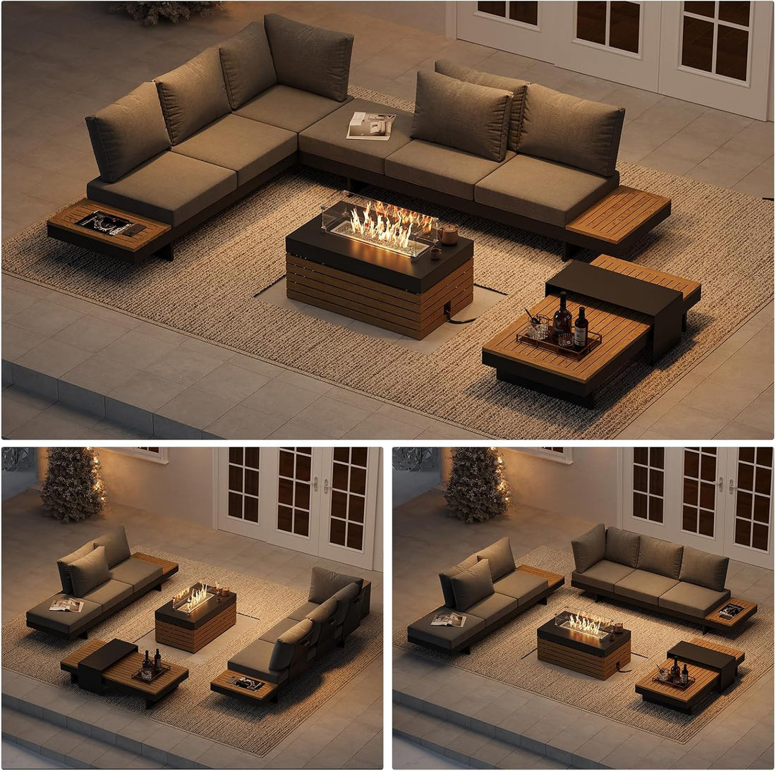 Modular Outdoor Conversation Set with Fire Pit – Aluminum & Teak Patio Sofa Set