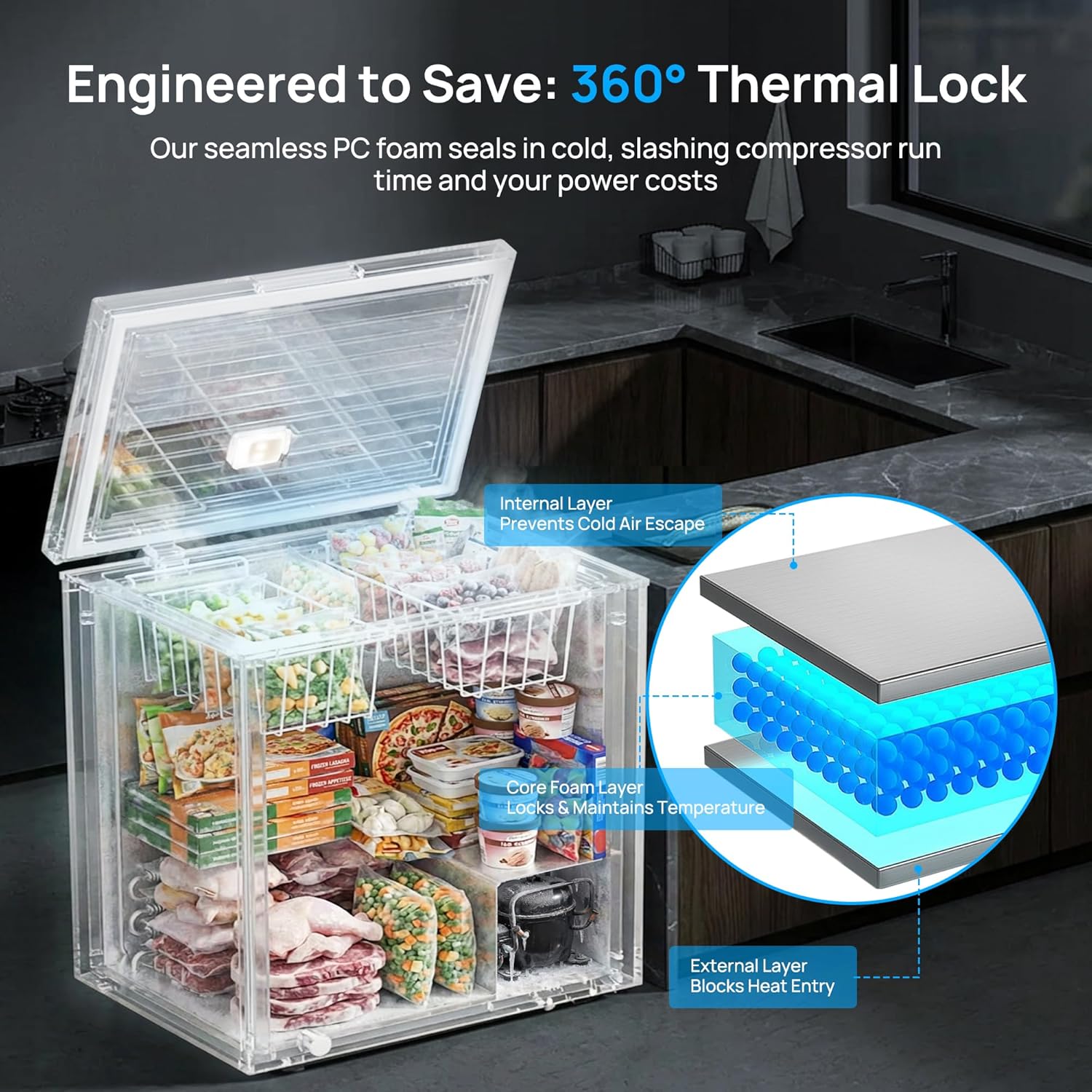 New Chest Freezer Small Compact Deep Freezer with Adjustable 7 Thermostat - LED lights