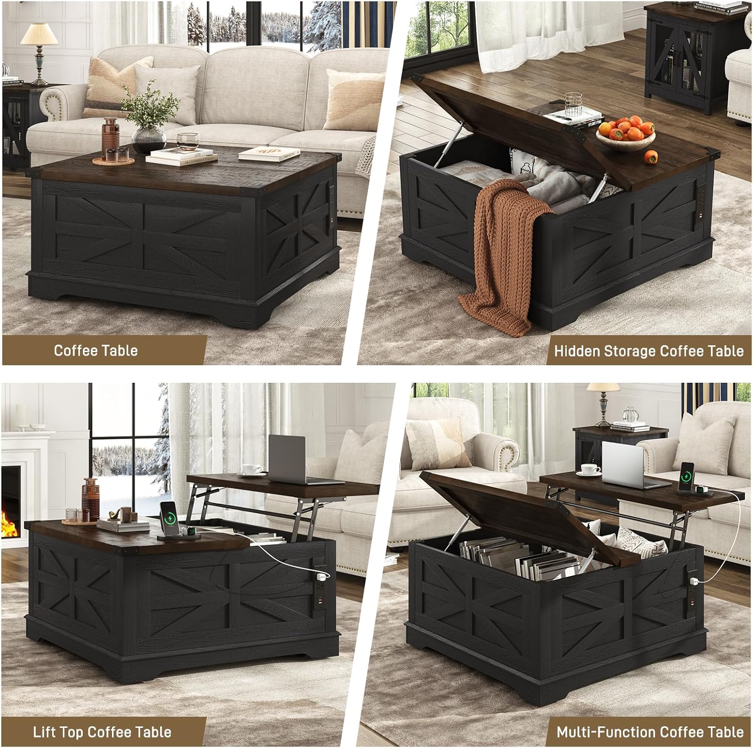 Modern Movable Lift Top Coffee Table with Power Outlets & Storage
