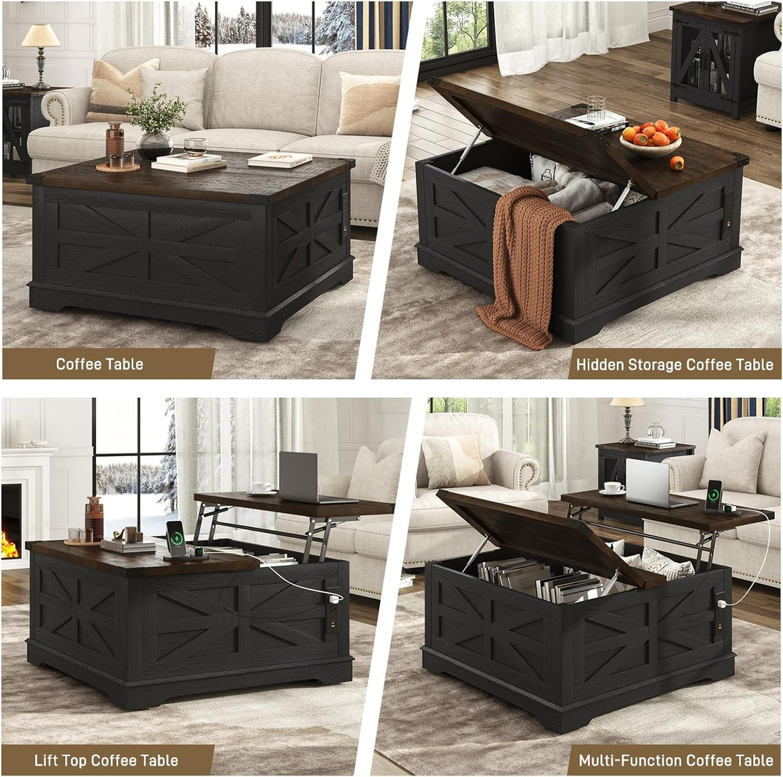 Modern Movable Lift Top Coffee Table with Power Outlets & Storage