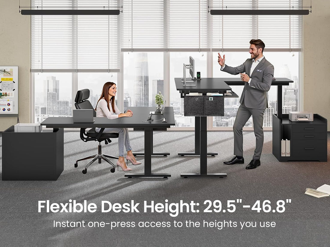 New L-Shaped Electric Standing Desk with Drawers, Power Outlet, Stand up Gaming Table with Led Lights