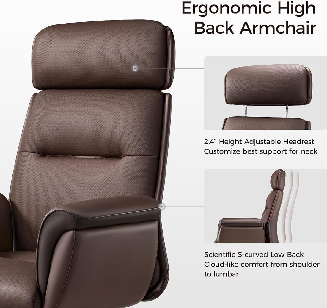Brown ergonomic high back armchair with adjustable features on a white background