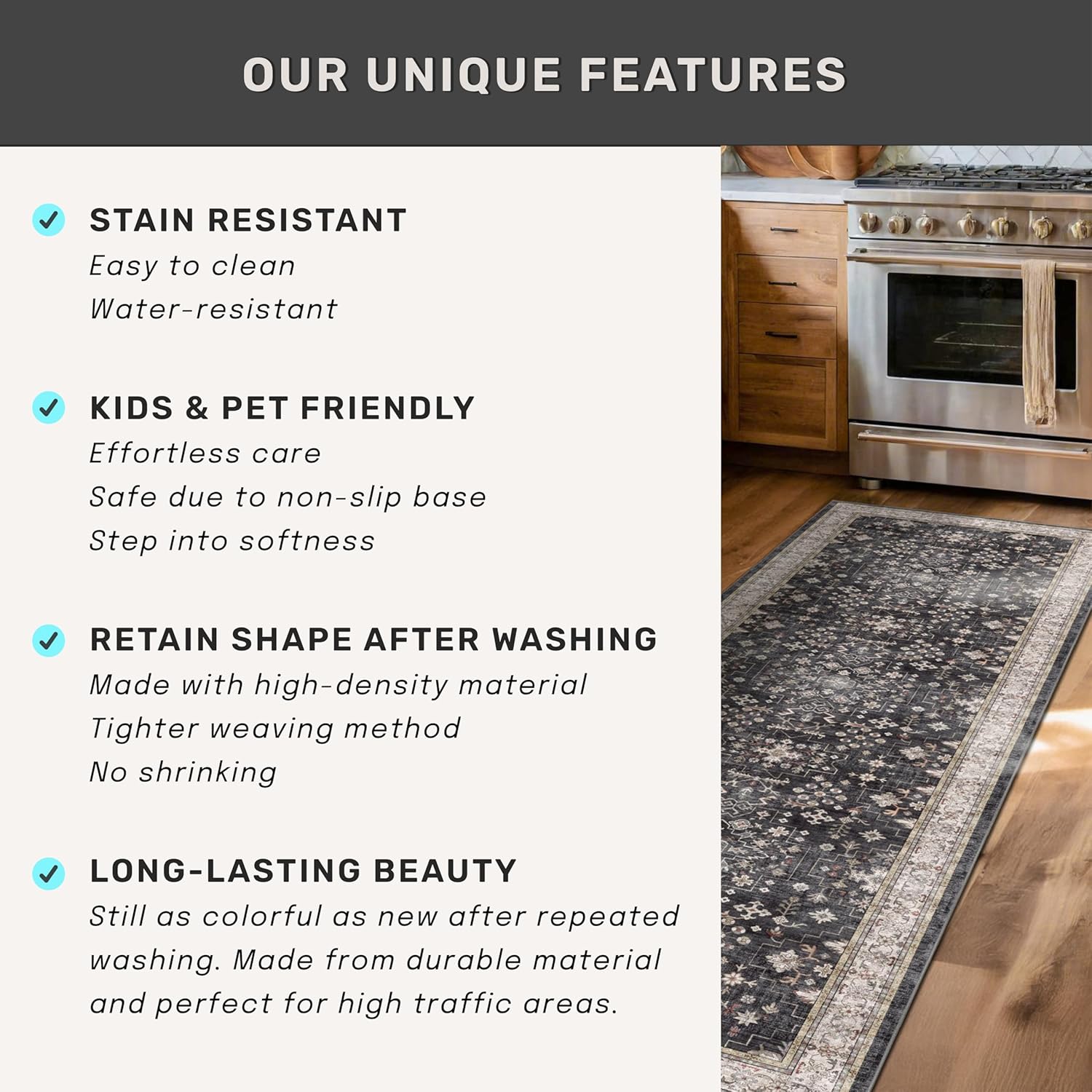 Modern Black Rug for Living Room - Washable Non-Slip & Stain Resistance