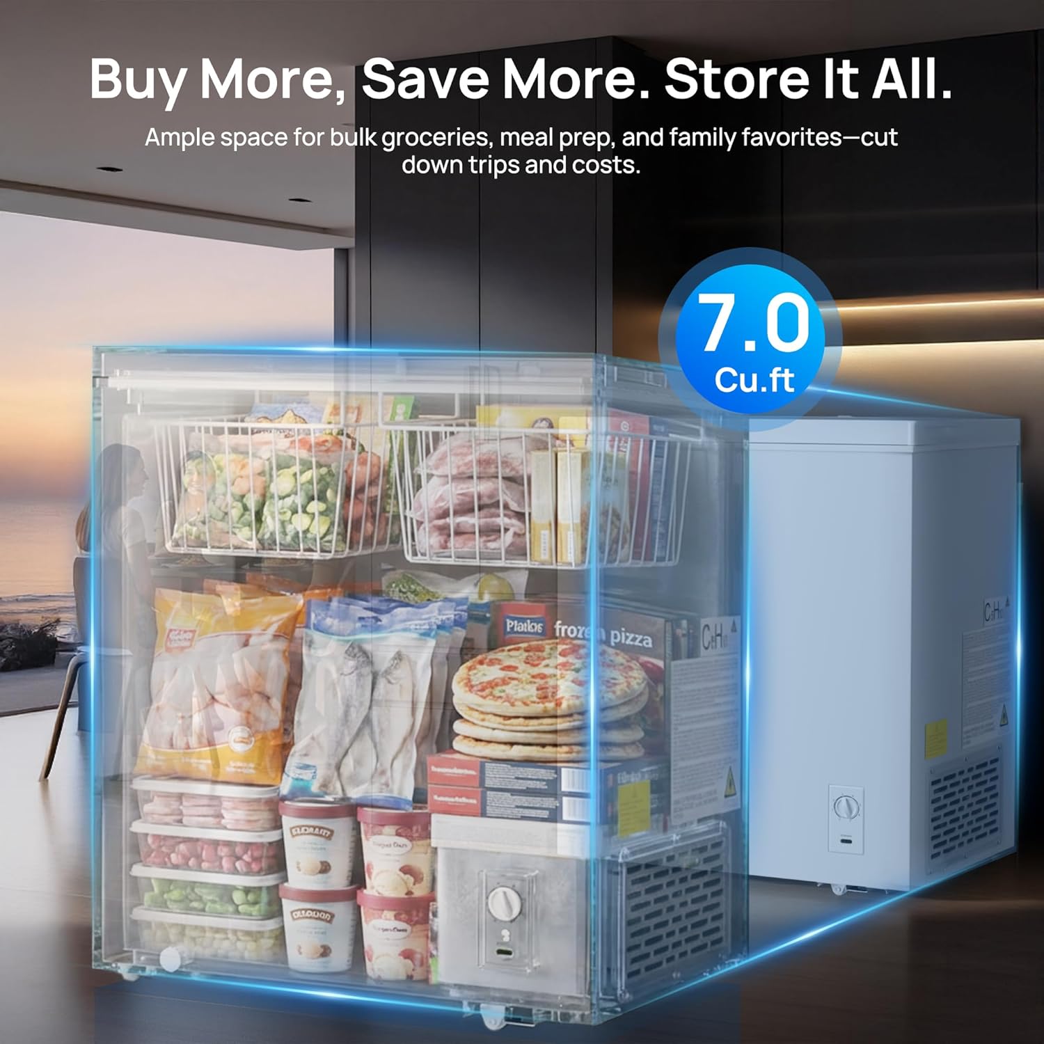 New Chest Freezer Small Compact Deep Freezer with Adjustable 7 Thermostat - LED lights