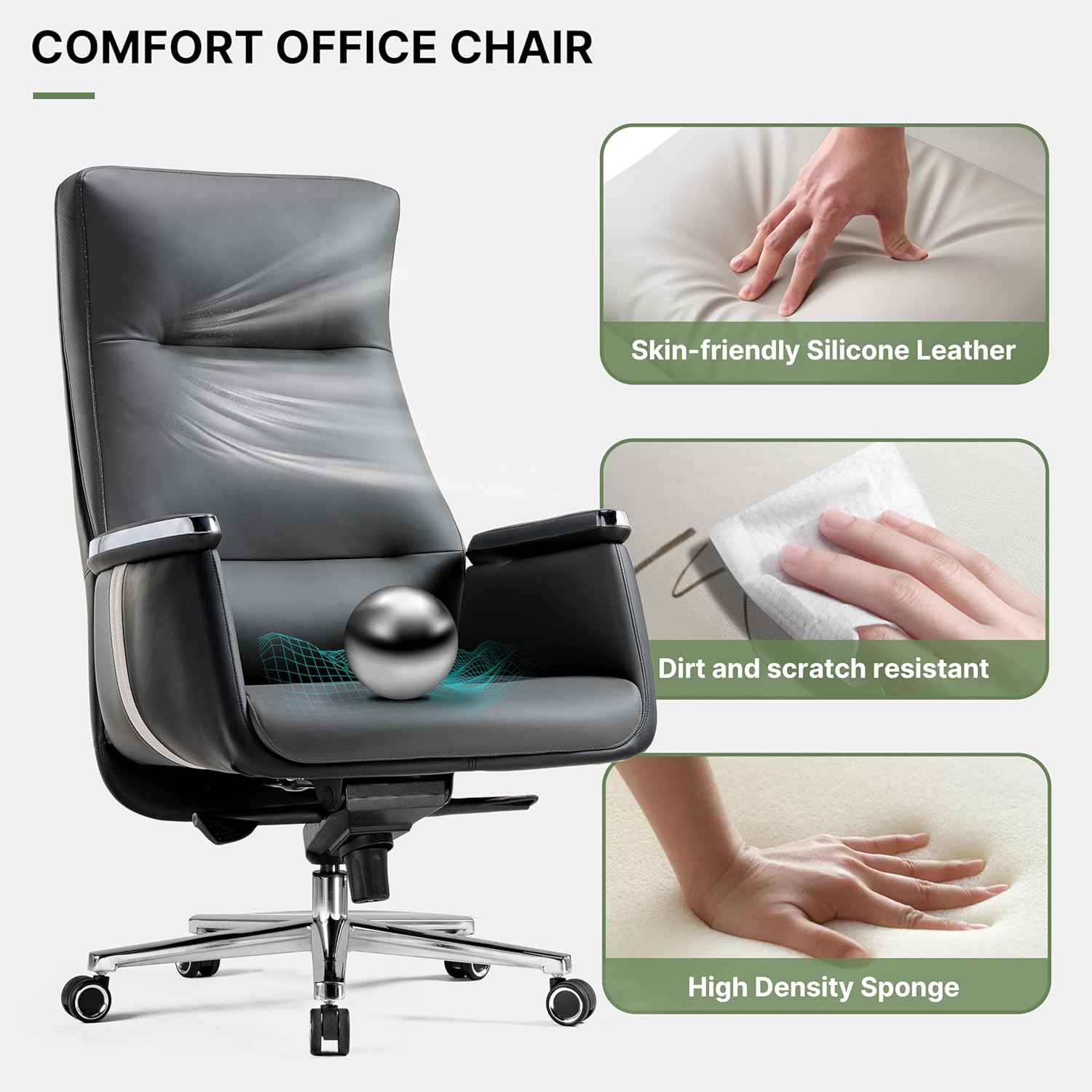 Gray office chair with features highlighted on a white background