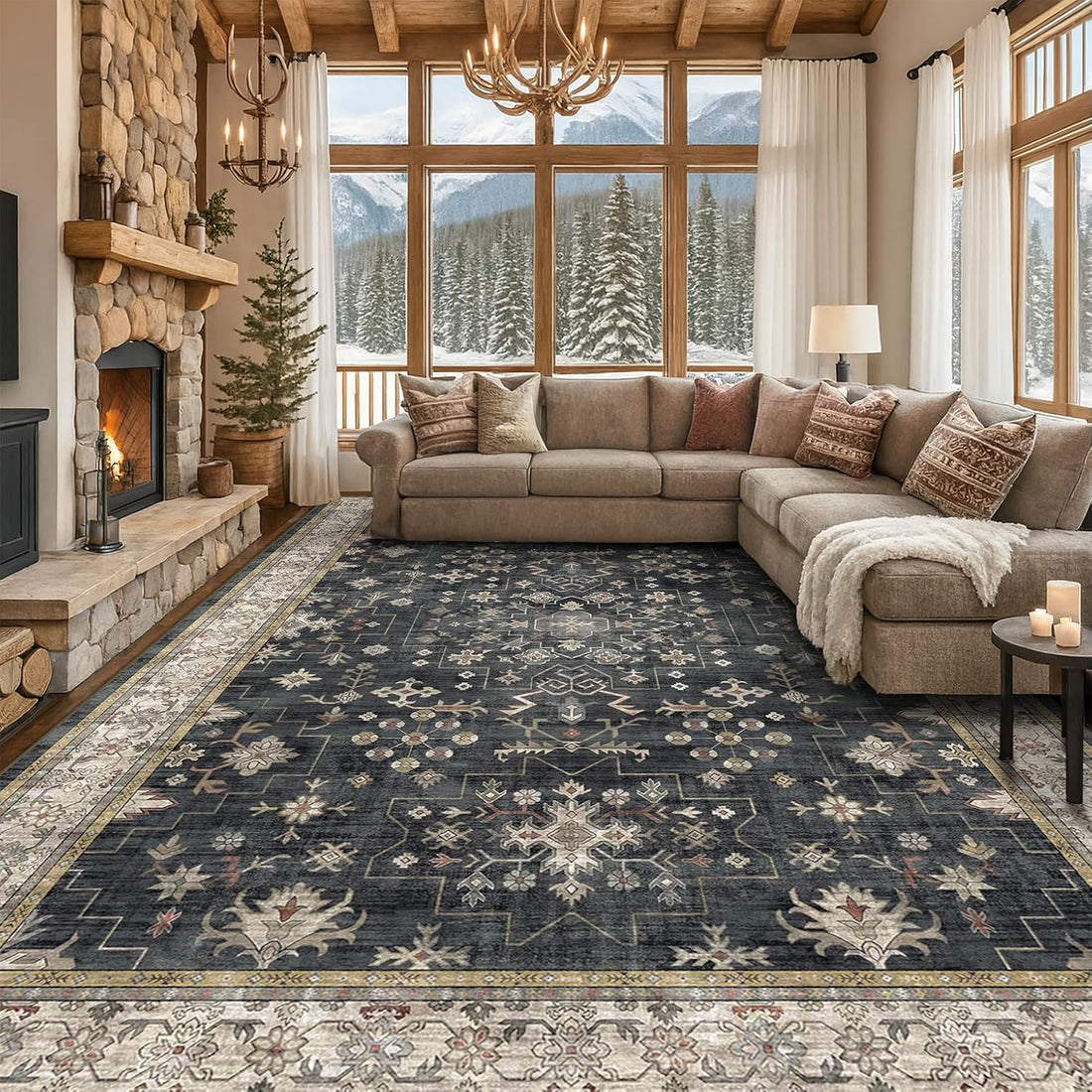 Modern Black Rug for Living Room - Washable Non-Slip & Stain Resistance