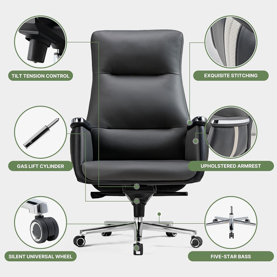 Black office chair with features highlighted on a white background