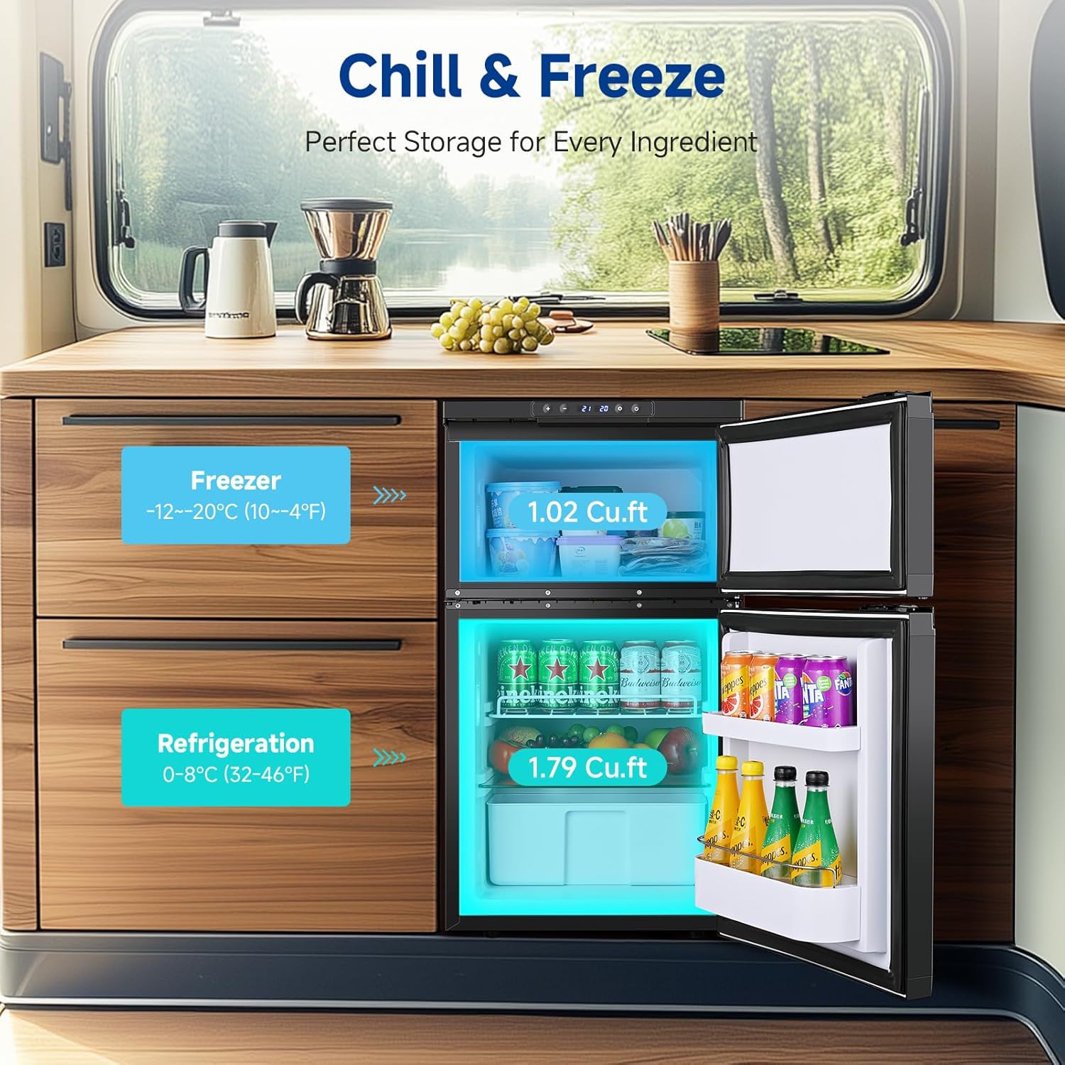 COOLER 12 Volt RV Refrigerator, 80L(2.82Cu.Ft) RV Fridge with Freezer, APP Control Car Refrigerator, (-4℉-68℉) Travel Compressor Cooler 12/24V DC for Boat, Yacht, Caravan, Truck, Camping