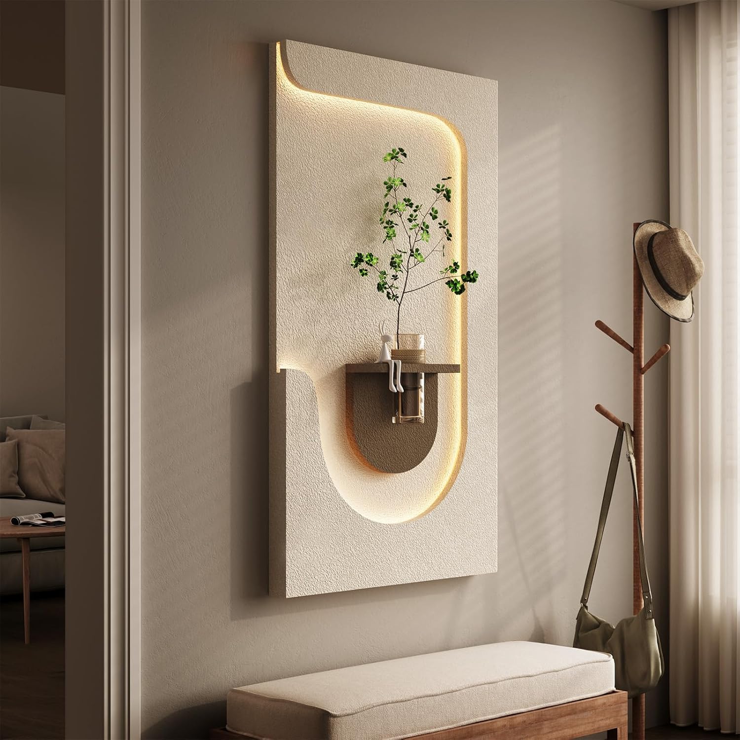 New Home LED 3D Textured Neutral Wall Art Decor – Vertical Lighted Minimalist Artwork