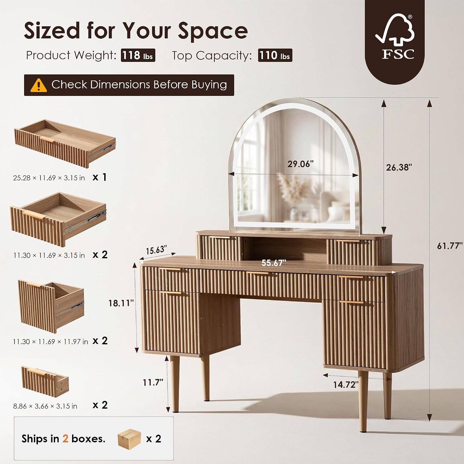 Wooden vanity with mirror and dimensions displayed, FSC logo visible