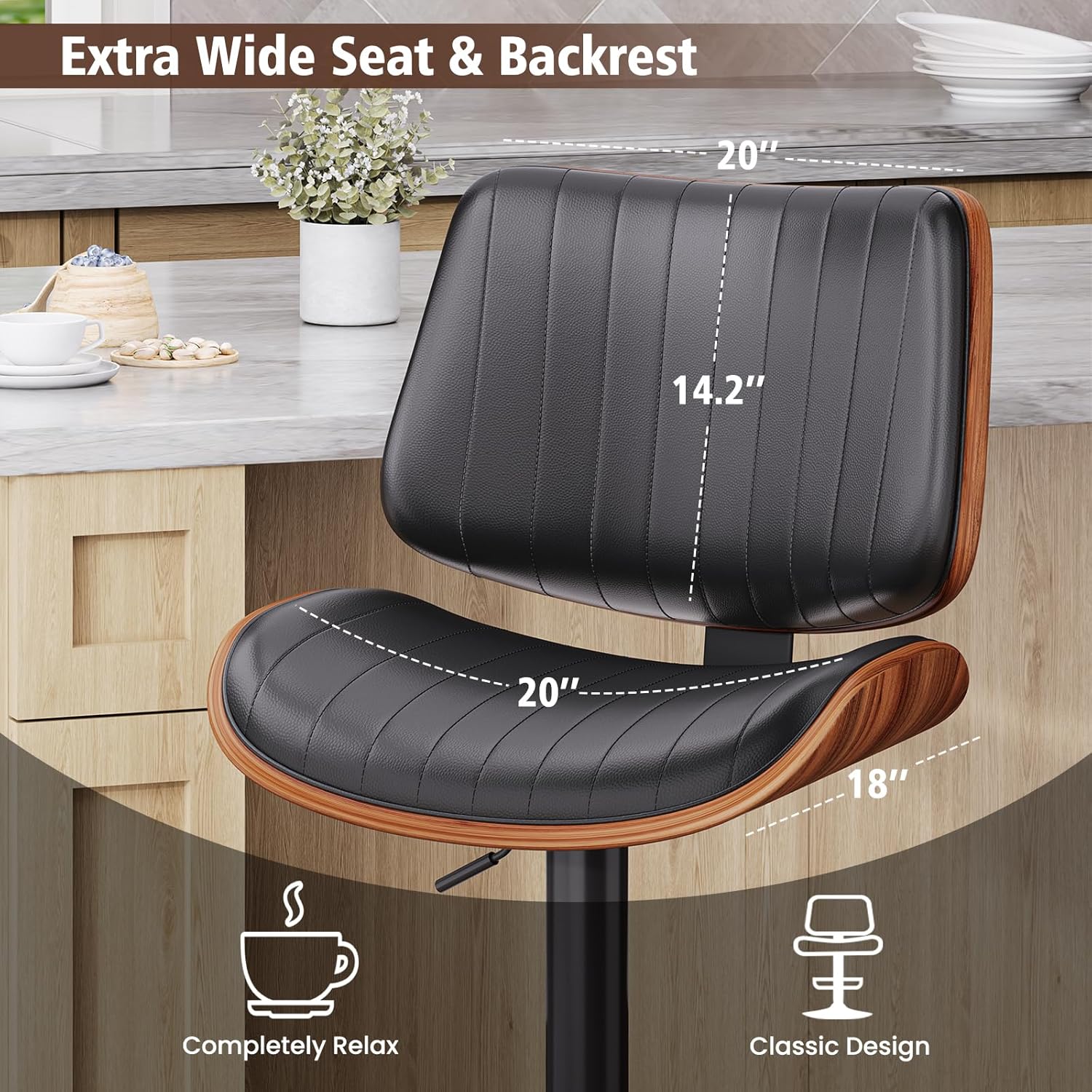 Bar Stools Set of 2, Bar Stools for Kitchen Island with Bentwood Back and Leather Seat, Swivel Barstools for Kitchen Counter, Bar, Black