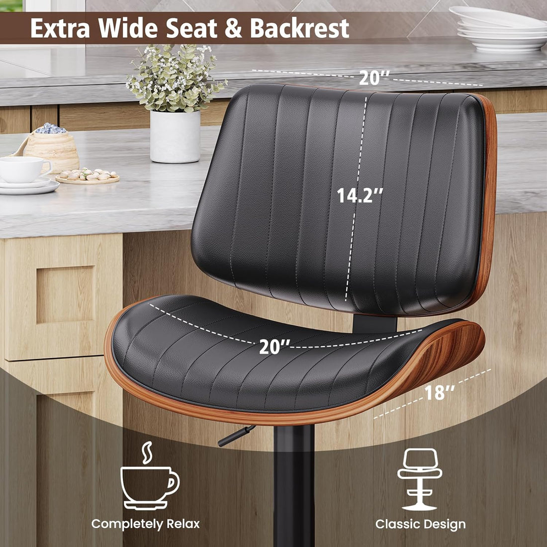 Bar Stools Set of 2, Bar Stools for Kitchen Island with Bentwood Back and Leather Seat, Swivel Barstools for Kitchen Counter, Bar, Black