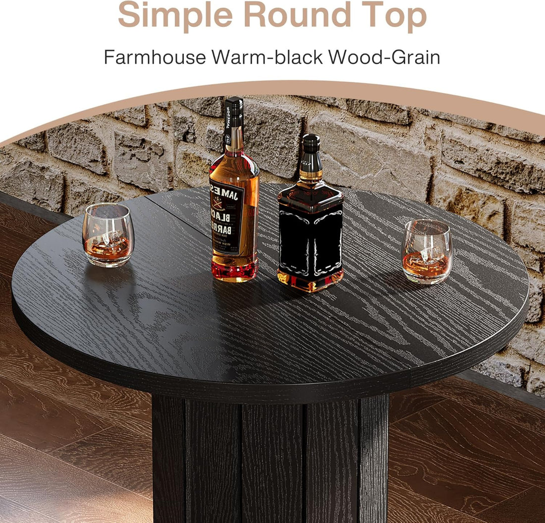 round Bar Table, 39.4" H Wood Bistro Pub Table with Metal Ring Footrest for Dining Coffee Cocktail Living Room, Small Space, Black (Only Table)