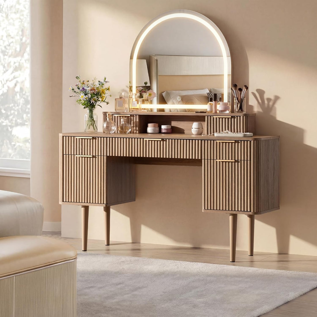 New Fluted Vanity with Arched Mirror – 55.7" Makeup Vanity Table with 7 Drawers & Adjustable LED Lights