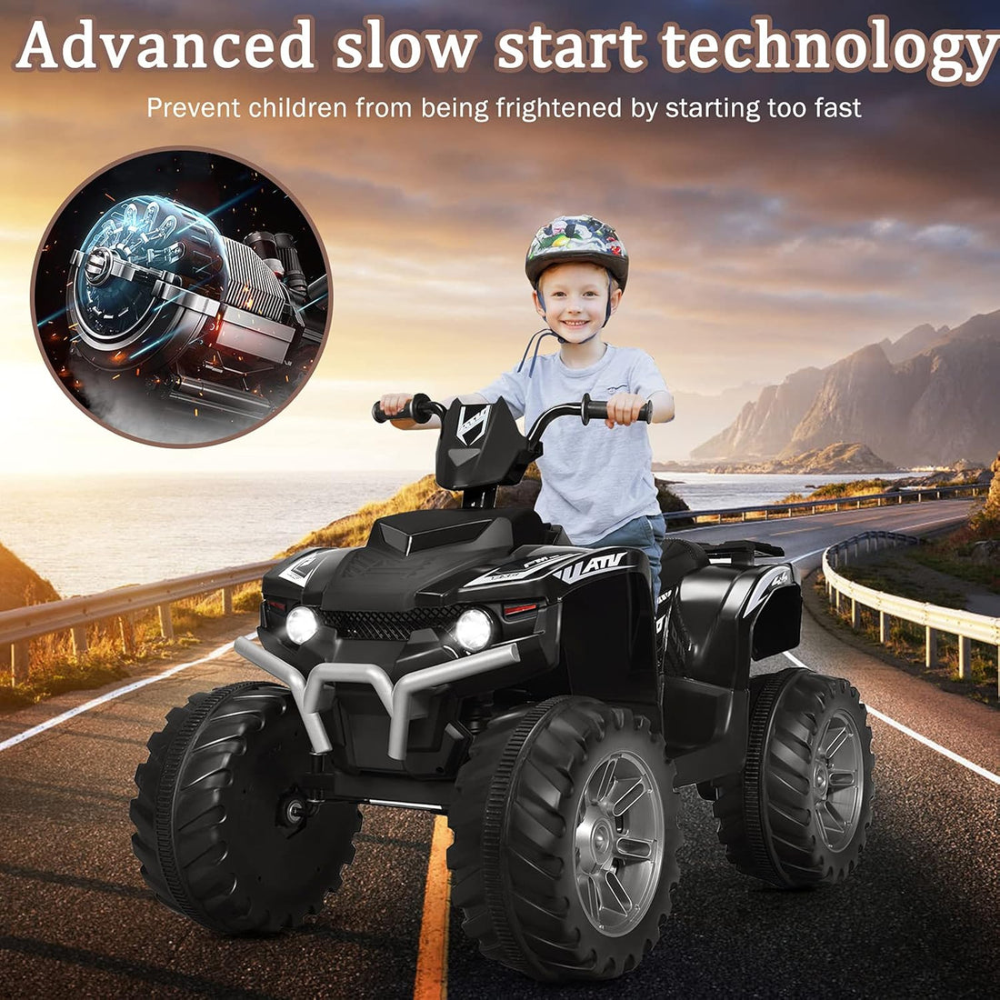 New 2024 Electric Quad Bike, Children Ride on ATV with Bluetooth, Lights, Music, Horn, High/Low Speeds and Slow Start, 12 V Battery Powered Toy Car for 3-7 Years Boys Girls (Black)