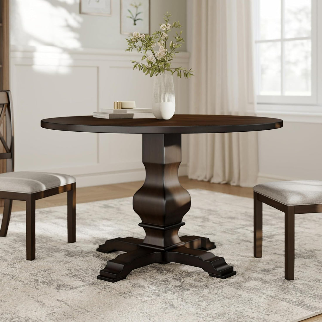 Round wooden dining table with two chairs in a room with light-colored walls and a window.