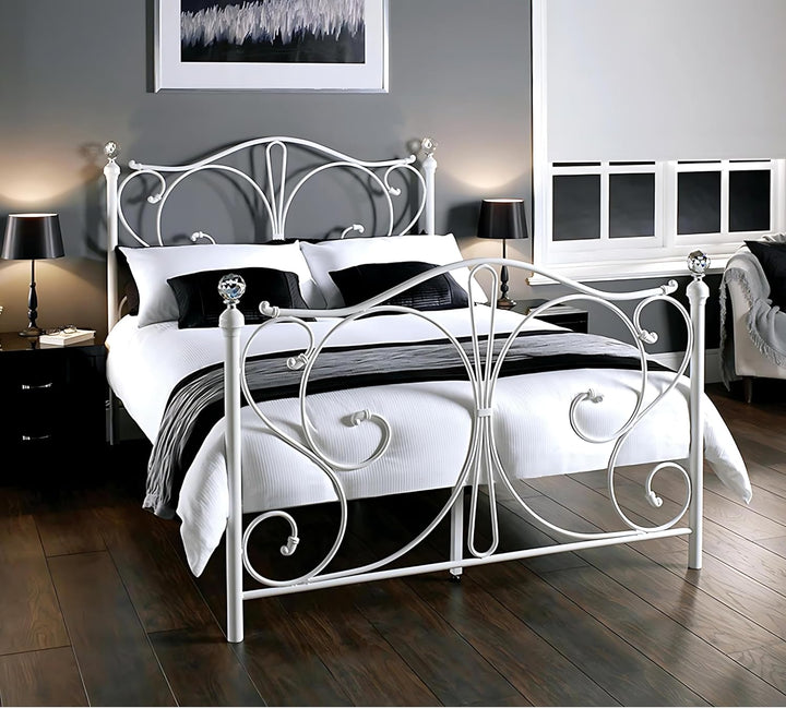 – 4Ft6 Double Metal Bed Frame with Luxurious Crystal Finials – Easy Assembly - Solid Double Metal Bed Frames with Sprung Slats – Additional Metal Support Legs