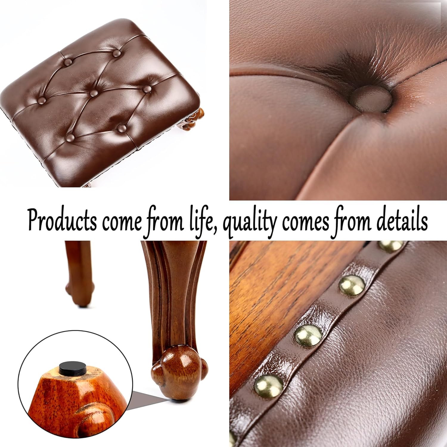Leather Foot Stool – Small Vintage Ottoman Foot Rest with Wooden Base