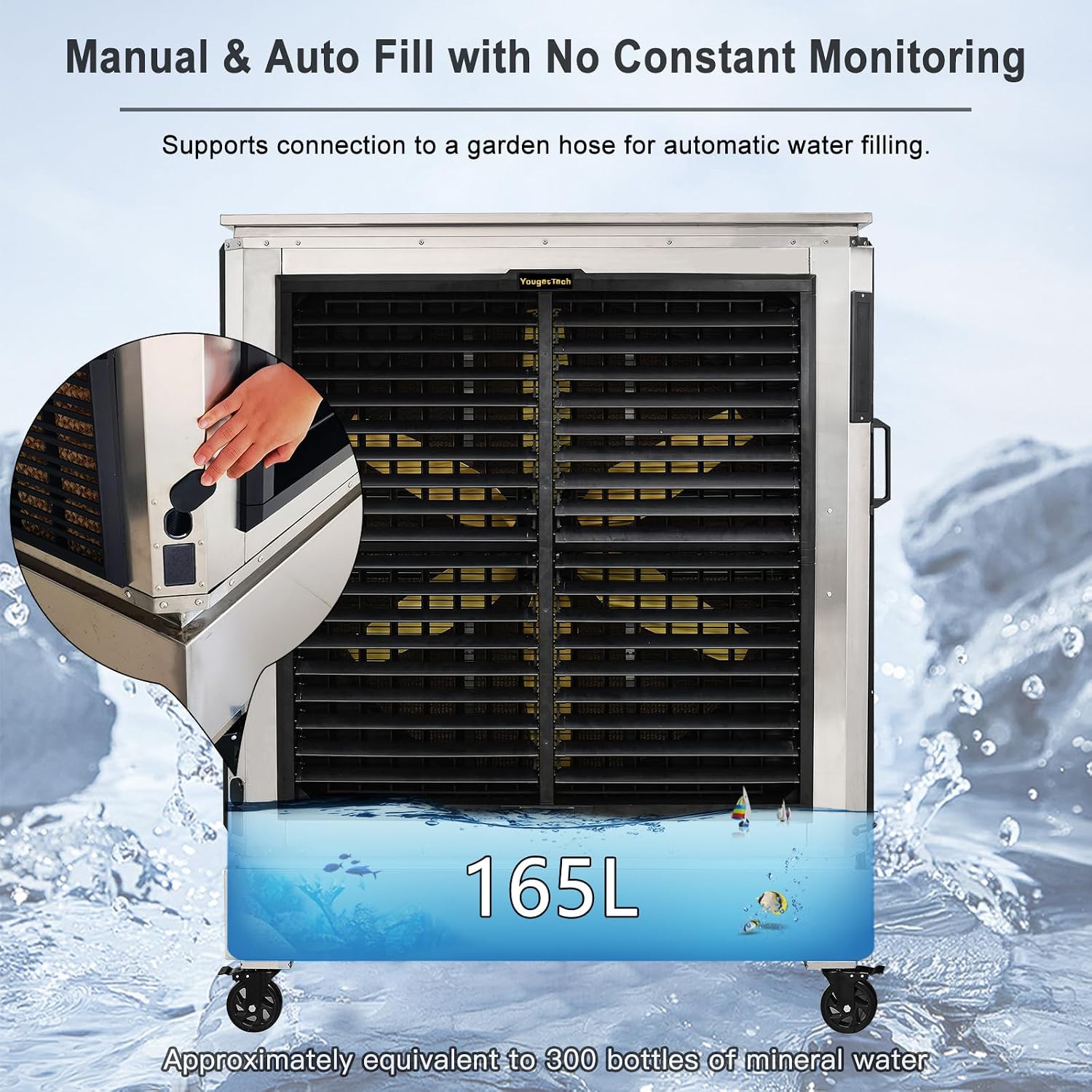 Large evaporative cooler with manual/auto fill feature and garden hose connection, on a blue water droplet background.