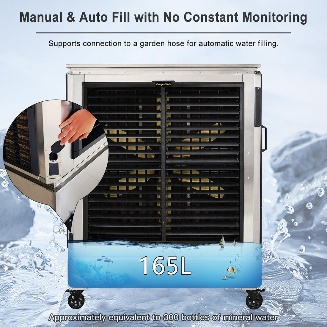 Large evaporative cooler with manual/auto fill feature and garden hose connection, on a blue water droplet background.