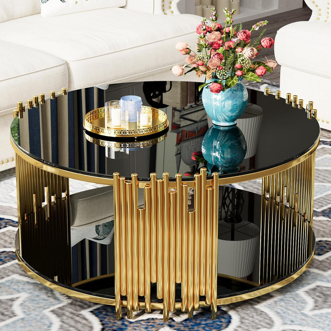 Lux Gold Stainless Steel Double-Layer Black living room Coffee Table