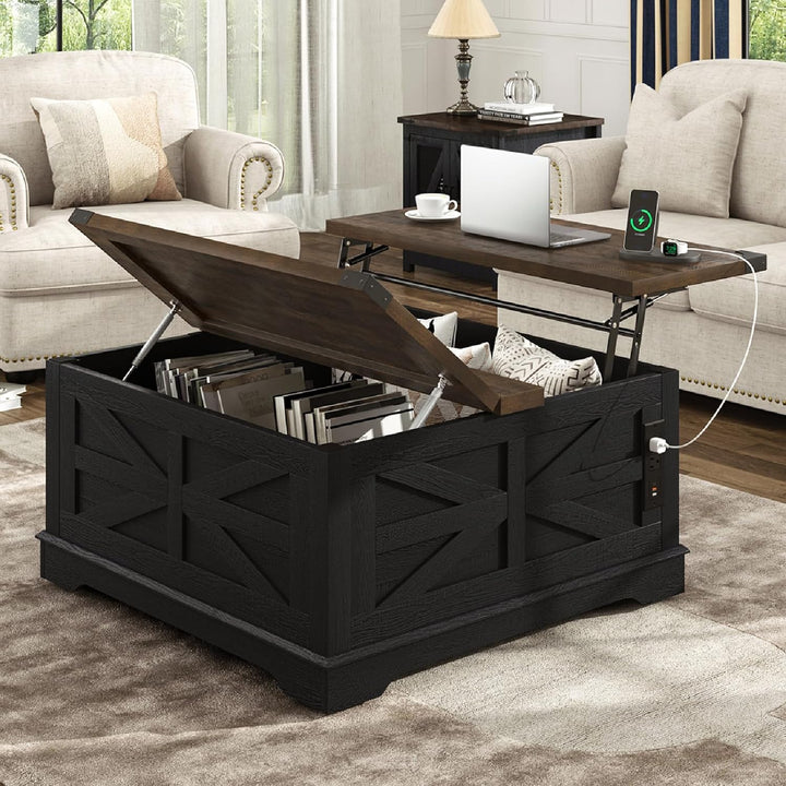Modern Movable Lift Top Coffee Table with Power Outlets & Storage