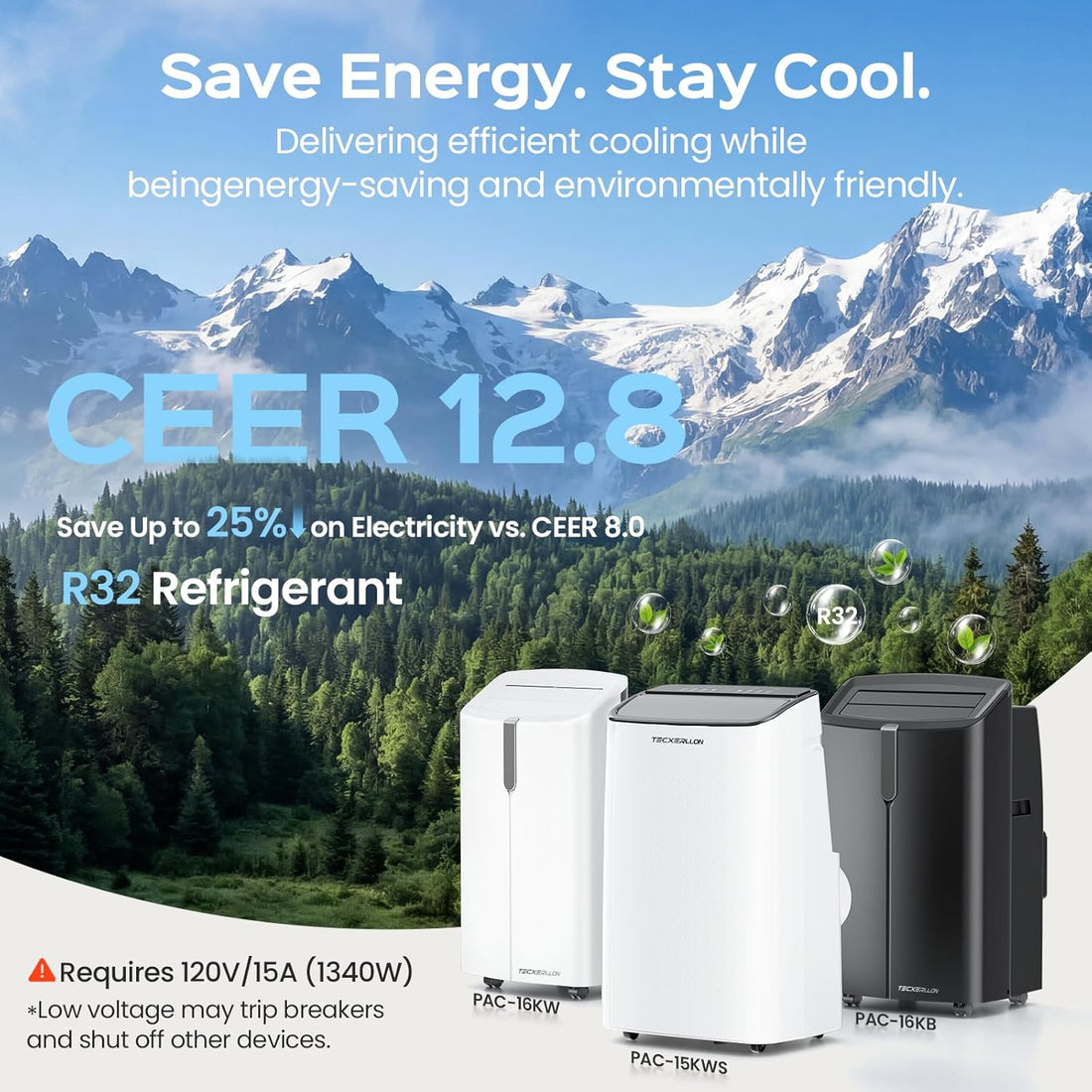 Air conditioning units with a scenic background of mountains and trees, promoting energy efficiency.