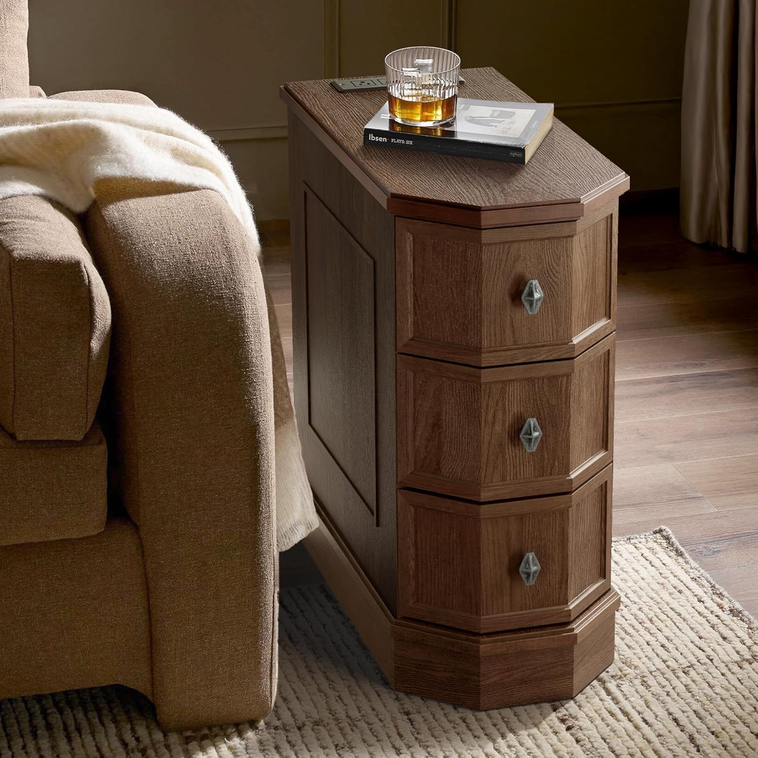 Vintage Nightstand with Charging Station, Vintage Wood End Table with 3 Drawer