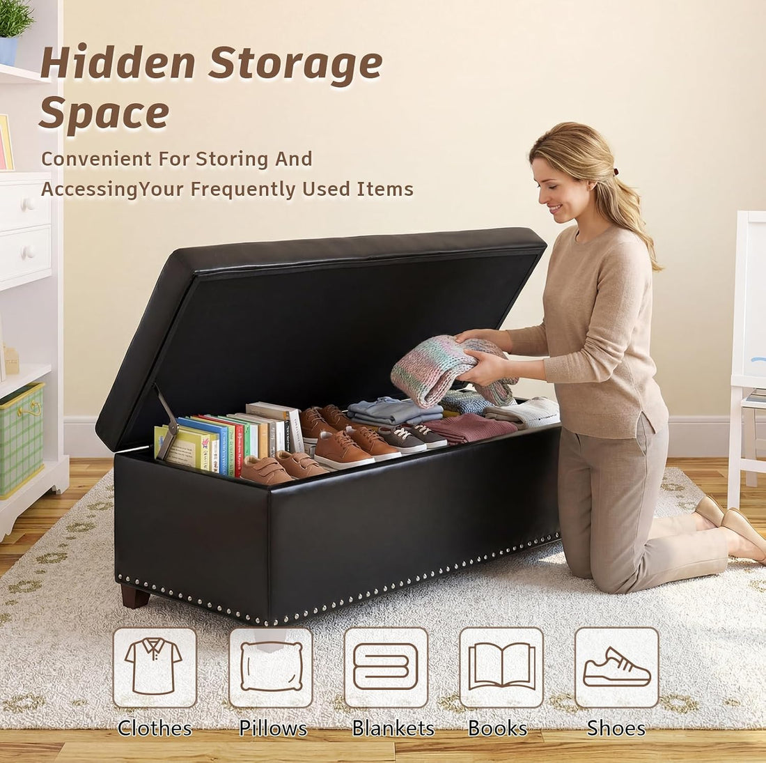 New Storage Ottoman Bench – 51" Leather Tufted End of Bed Bench for Bedroom