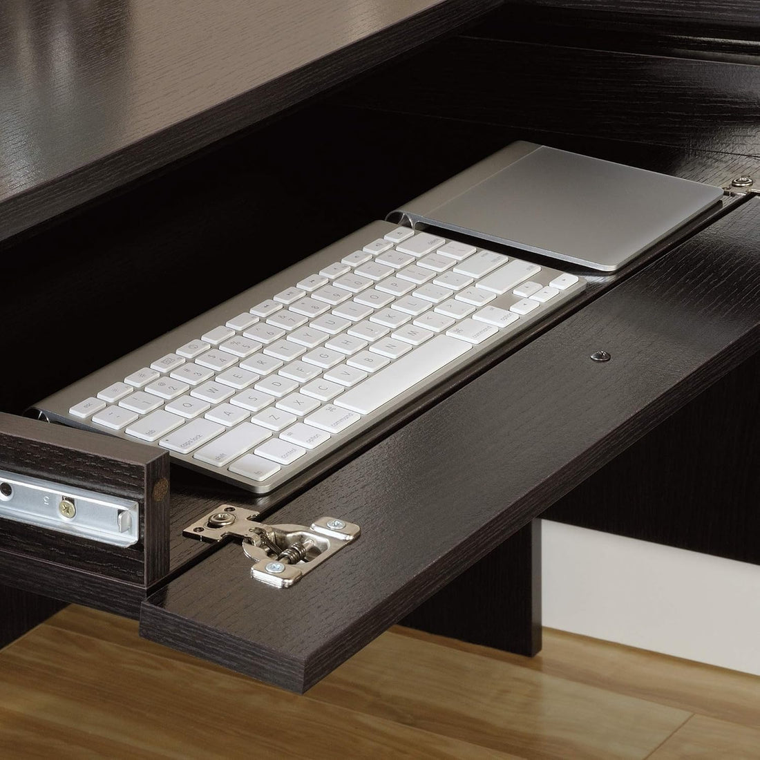 Wooden desk with a pull-out keyboard tray and laptop platform.