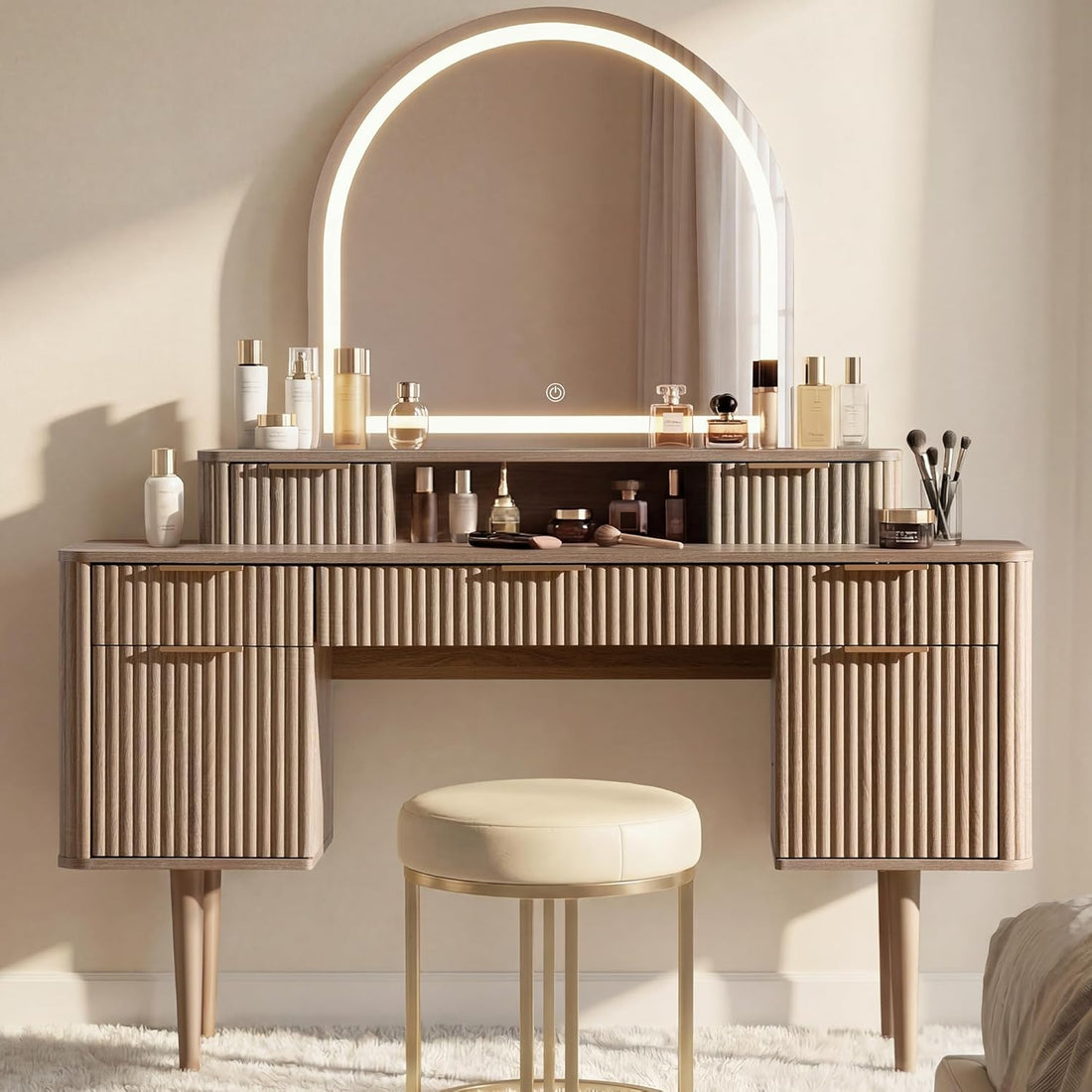 New Fluted Vanity with Arched Mirror – 55.7" Makeup Vanity Table with 7 Drawers & Adjustable LED Lights