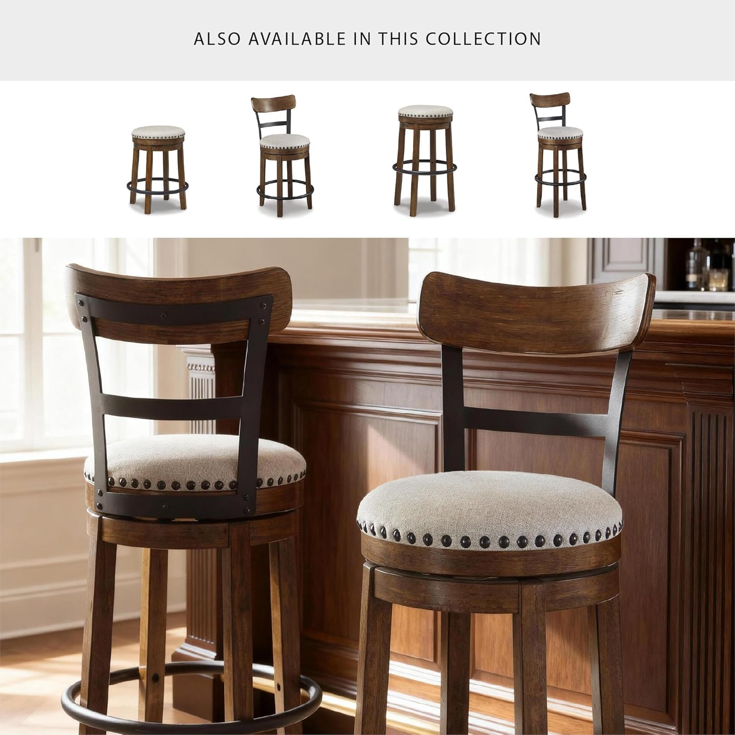 Bar Stool with 360° Swivel Seat – Cushioned Kitchen Island Stool, Wood & Metal Frame Counter Height Seating