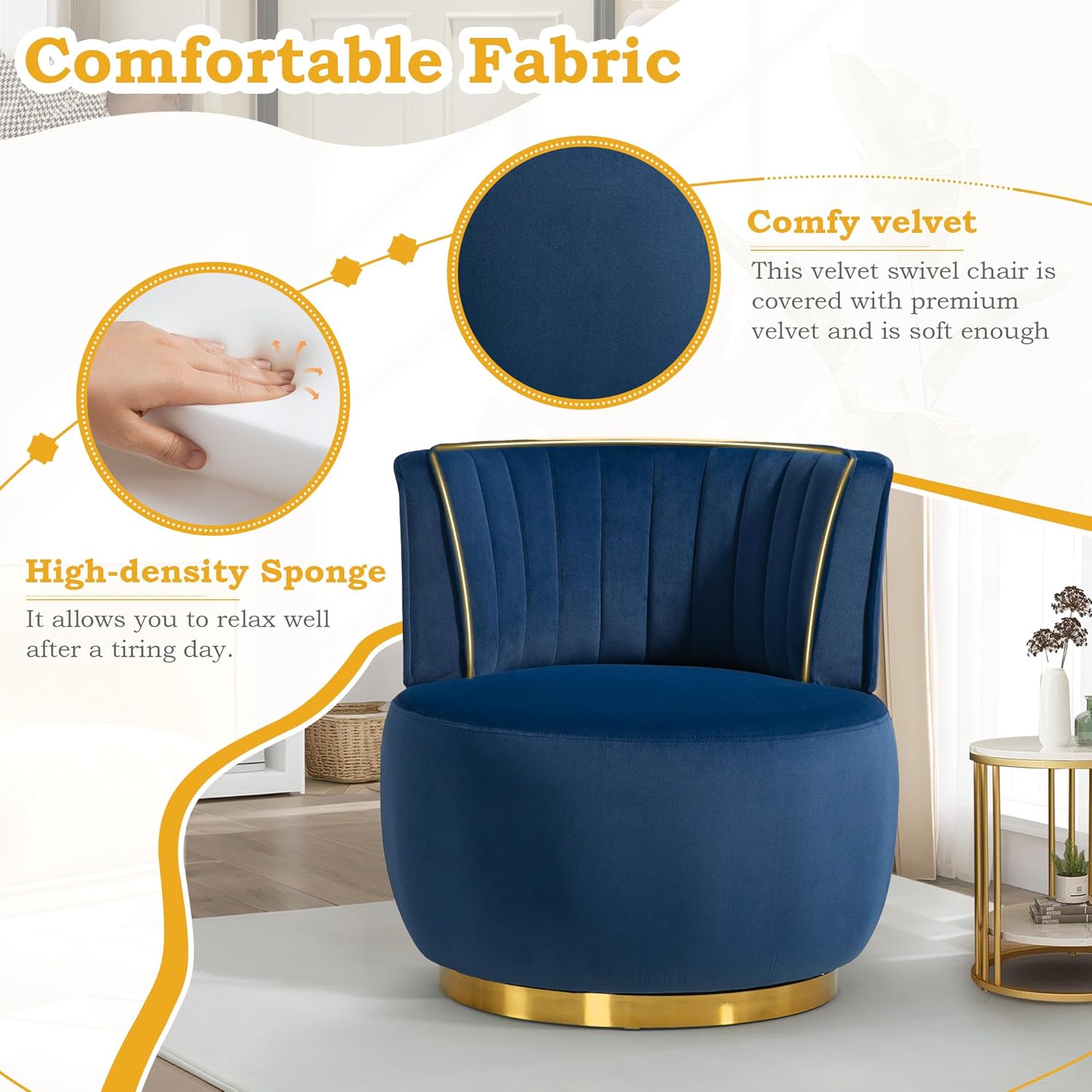 Luxe Home Interior Round Accent Chairs with Metal Base - Set of 2