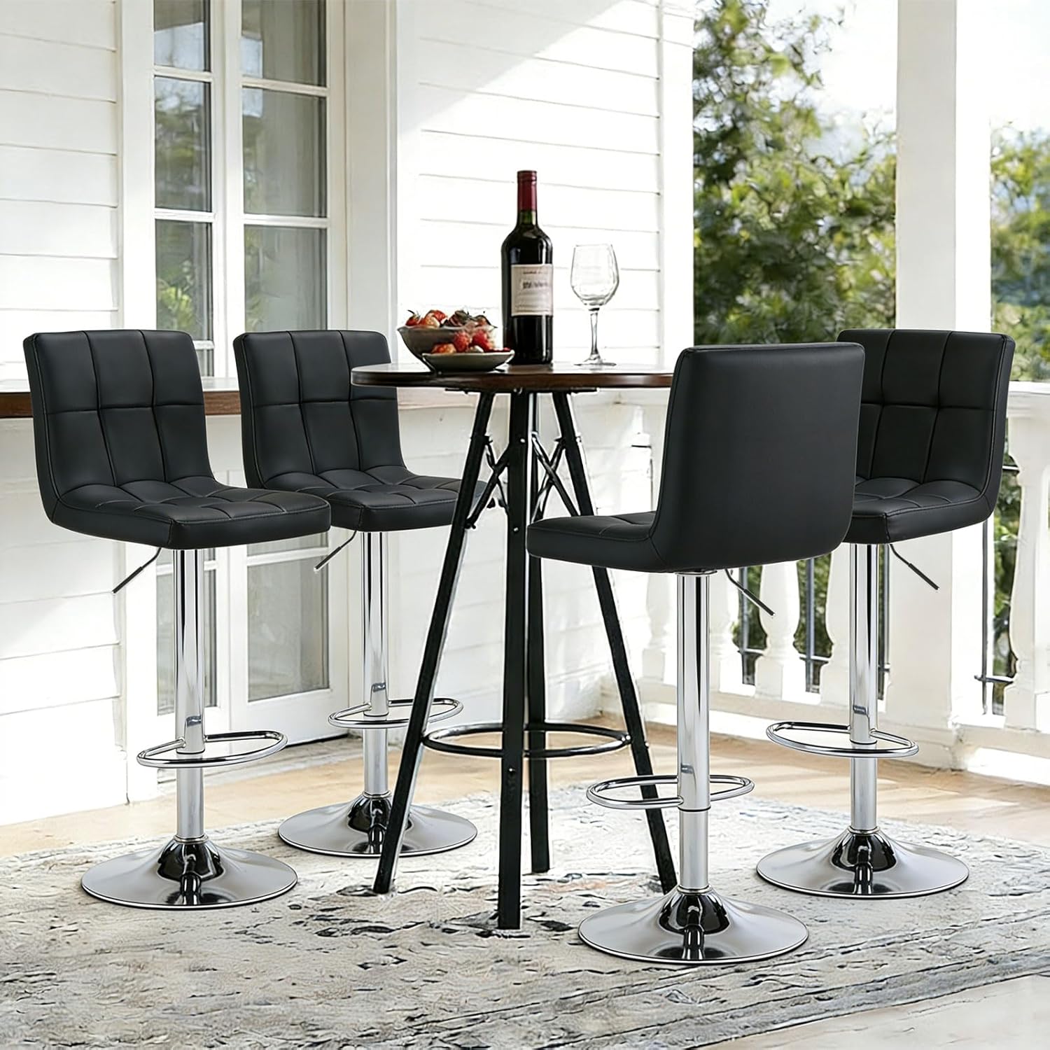 Bar Stools Set of 4, 24 Inch Counter Height Bar Stools, Upholstered Modern Kitchen Barstools with Metal Base, PU Leather Saddle Stools for Kitchen Island, Inky Black