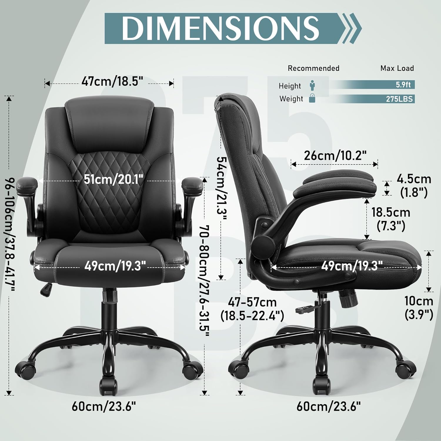 Black office chair with detailed dimensions on a gray background