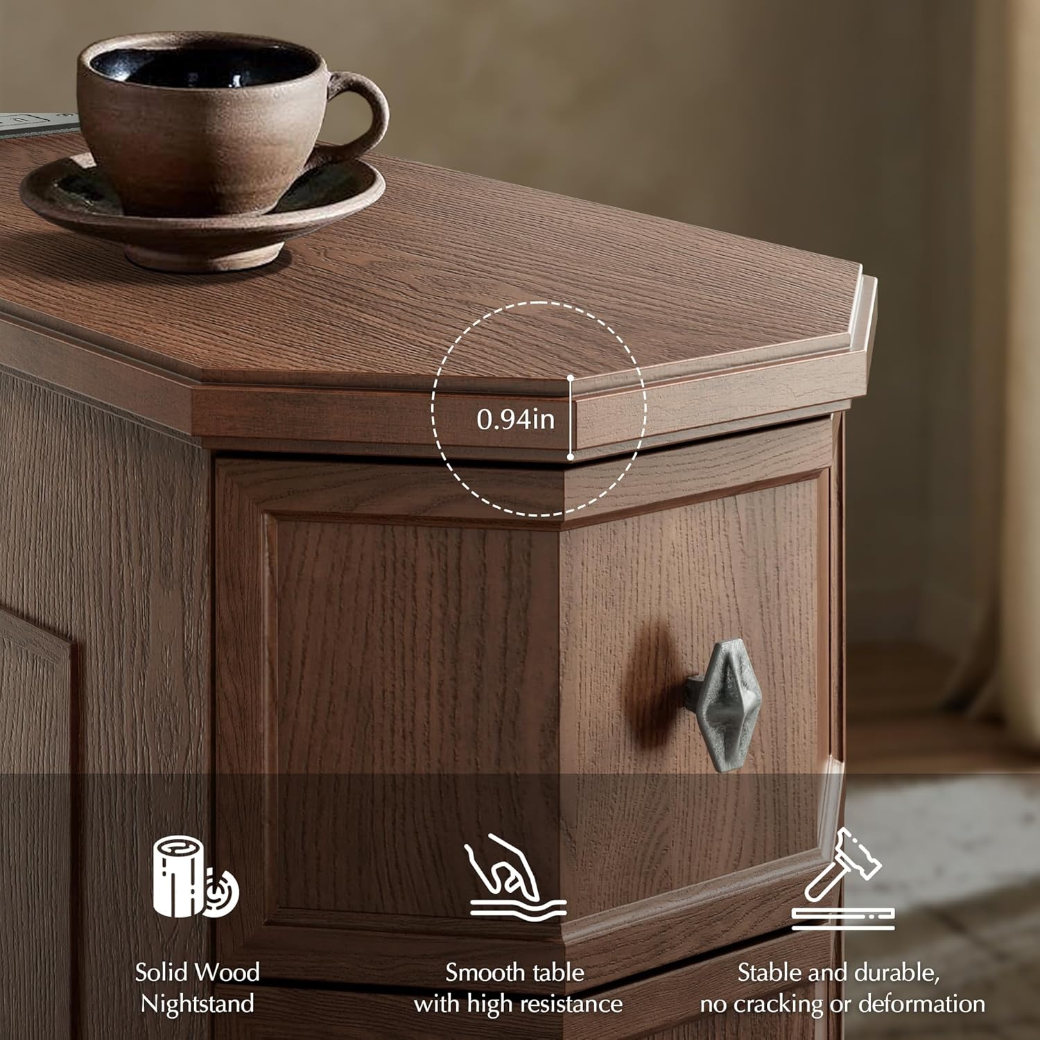 Vintage Nightstand with Charging Station, Vintage Wood End Table with 3 Drawer