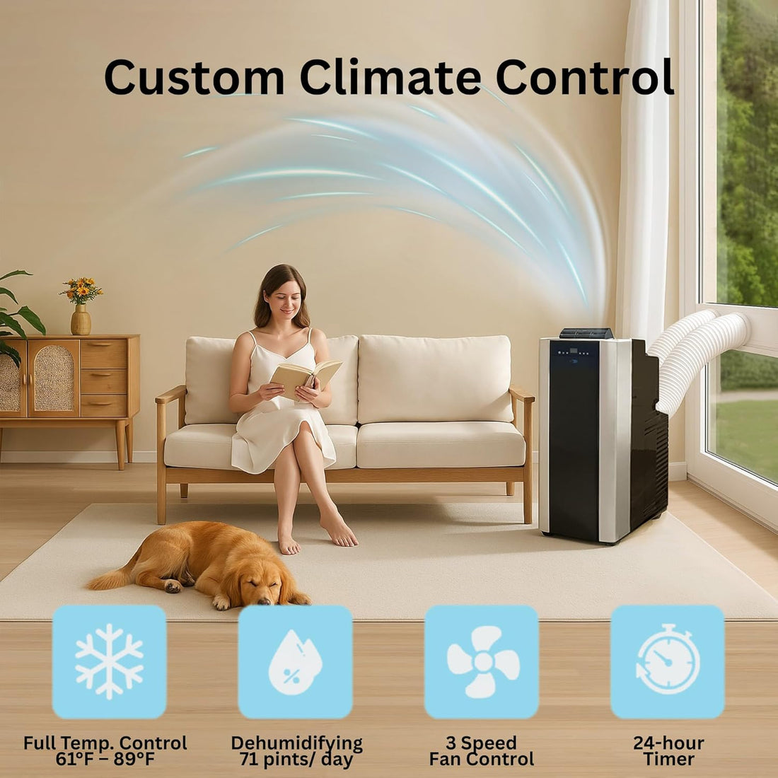 Woman reading a book on a couch with a dog, dehumidifier in the corner, and text 'Custom Climate Control' above.