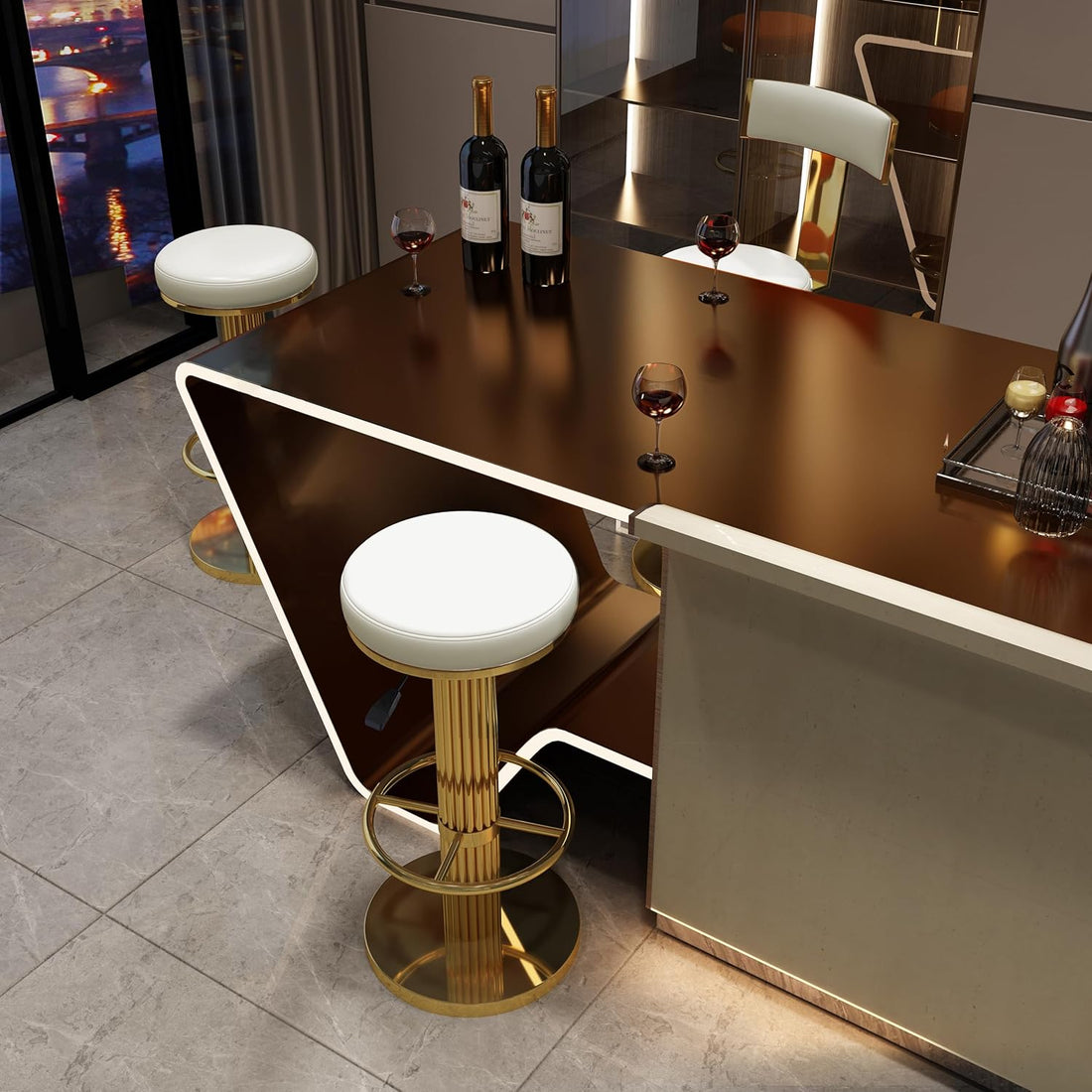 Modern bar setup with stools, wine bottles, and glasses in a stylish interior.