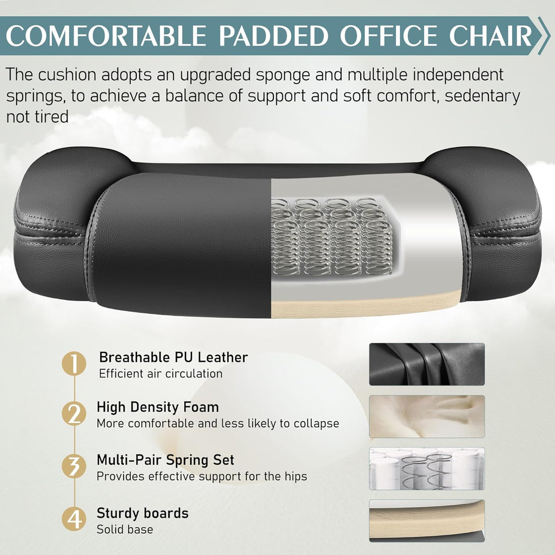 Comfortable padded office chair with text detailing features on a white background