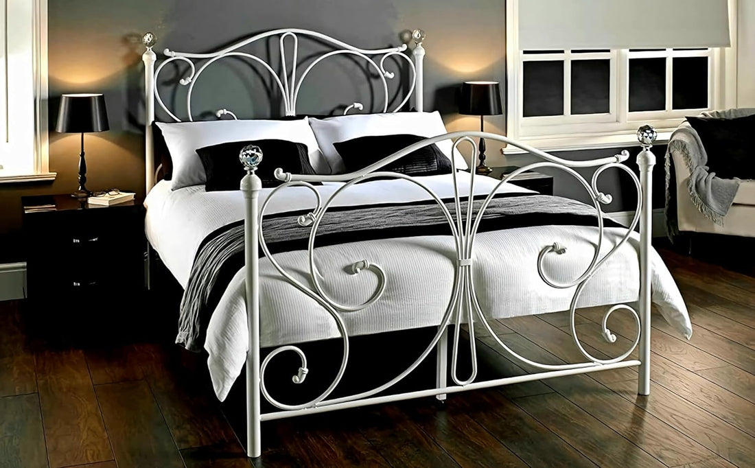 – 4Ft6 Double Metal Bed Frame with Luxurious Crystal Finials – Easy Assembly - Solid Double Metal Bed Frames with Sprung Slats – Additional Metal Support Legs