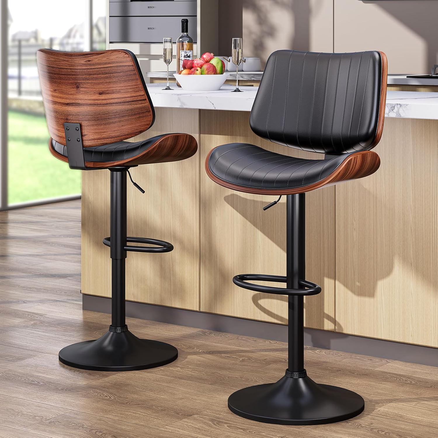 Bar Stools Set of 2, Bar Stools for Kitchen Island with Bentwood Back and Leather Seat, Swivel Barstools for Kitchen Counter, Bar, Black