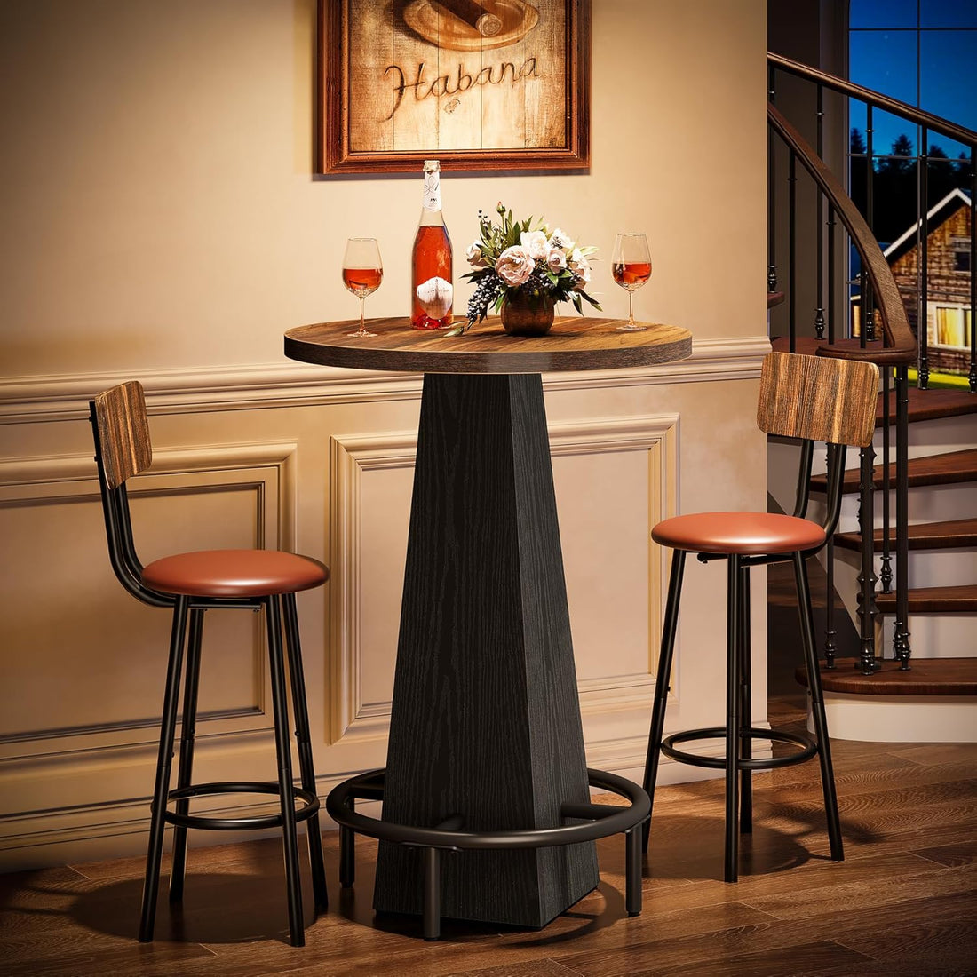 Bar Table, 37.4" High round Pub Table for Small Bars, Dining Room, Kitchen, Brown and Black (Only Table)