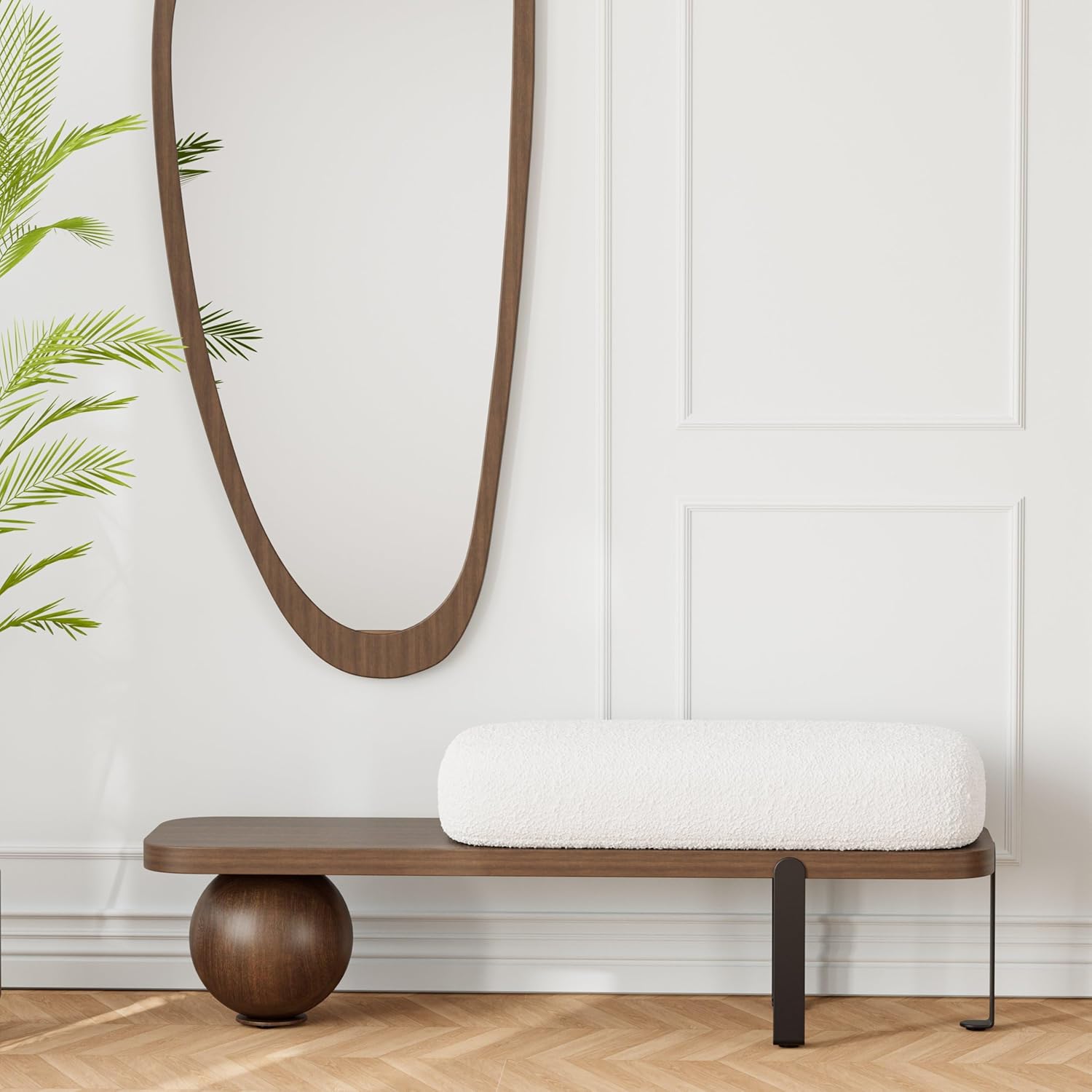 Modern Wooden Bouclé Upholstered Bench – Abstract Metal Leg with Lambswool Cushion