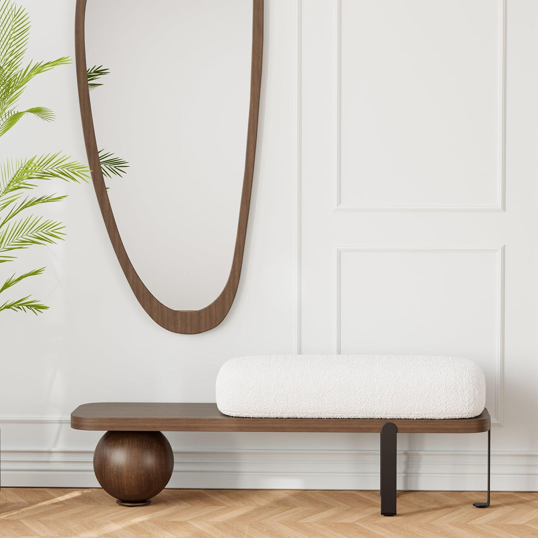 Modern Wooden Bouclé Upholstered Bench – Abstract Metal Leg with Lambswool Cushion