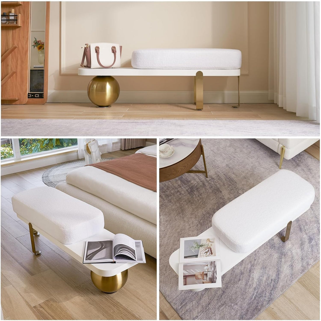 Modern Wooden Bouclé Upholstered Bench – Abstract Metal Leg with Lambswool Cushion