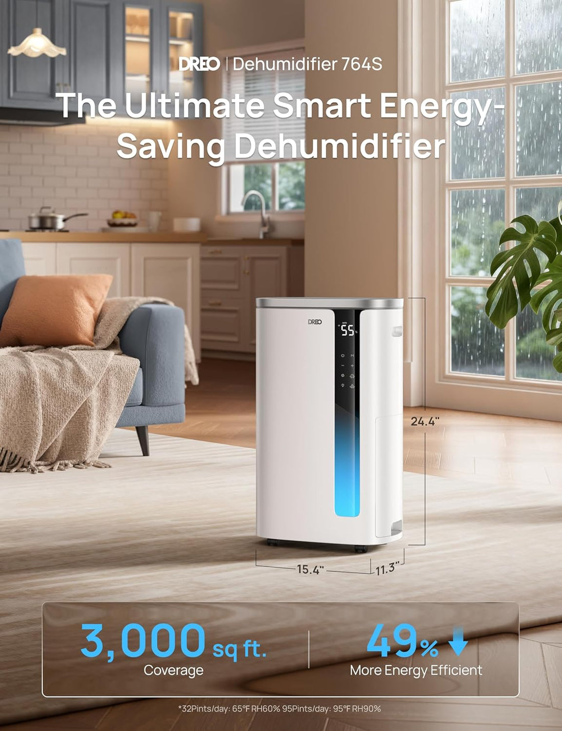 DREDD dehumidifier 733S in a living room with text highlighting features