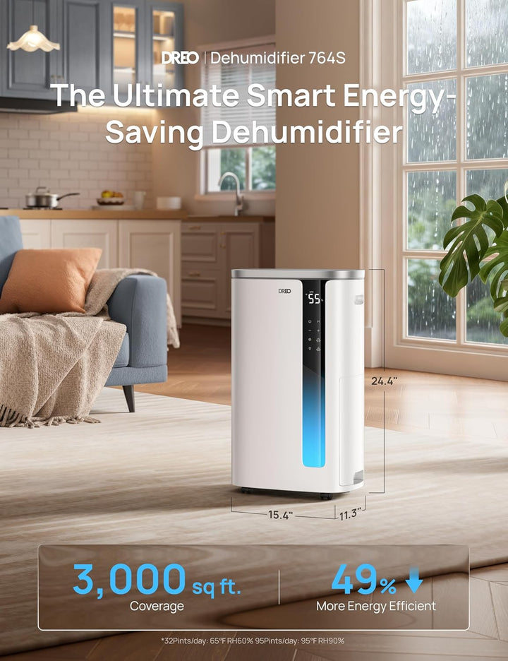 DREDD dehumidifier 733S in a living room with text highlighting features