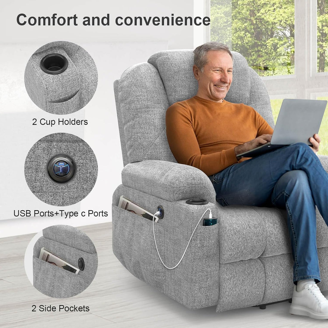 Lift Chairs Recliners for Elderly,Recliner Chair with Massage and Heat, Extended Footrest, Heavy Duty Motor Large Recliners for Living Room USB Port, Cup Holders, 2 Side Pockets