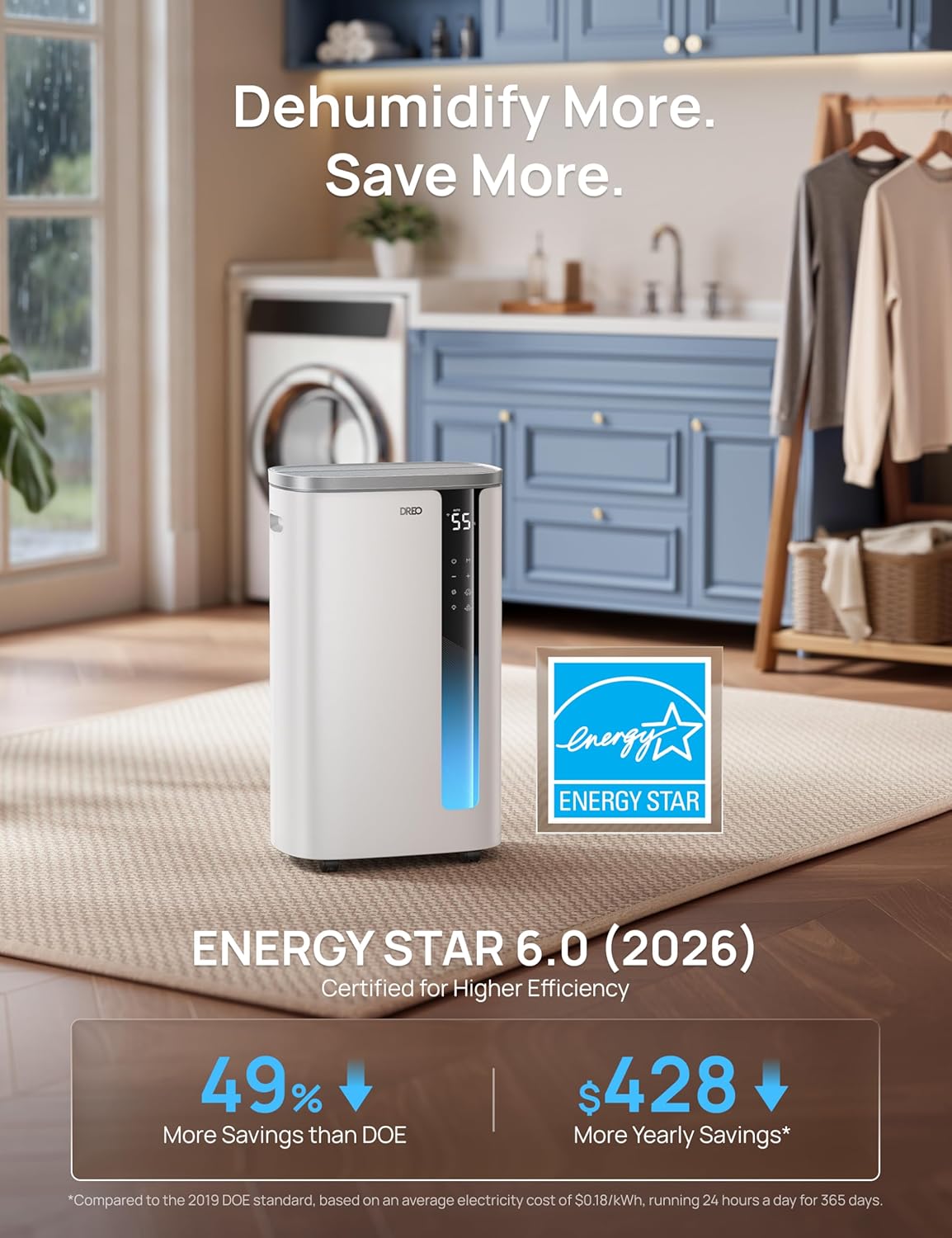 Dehumidifier with Energy Star logo in a room with laundry equipment and clothing.