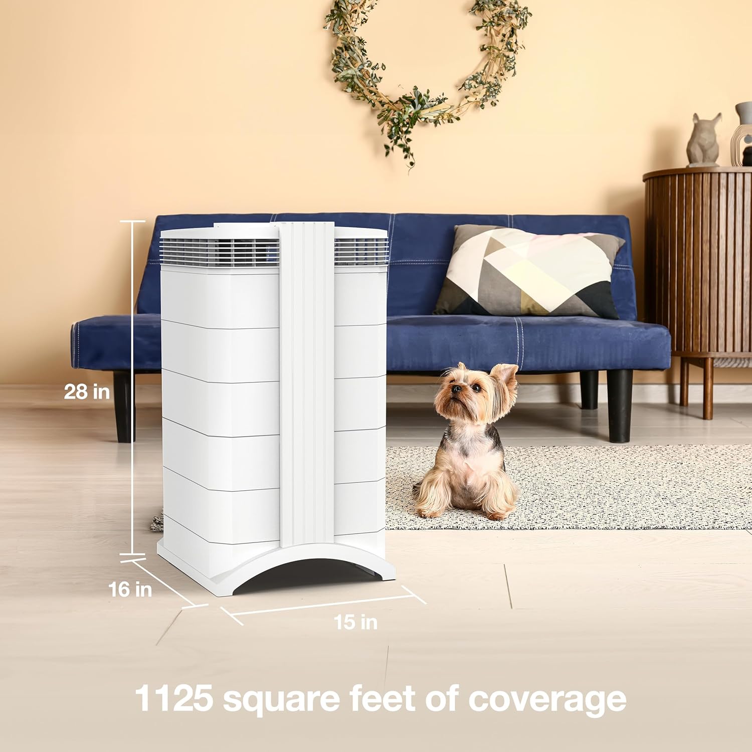 Air purifier with dimensions and coverage area shown in a living room setting.